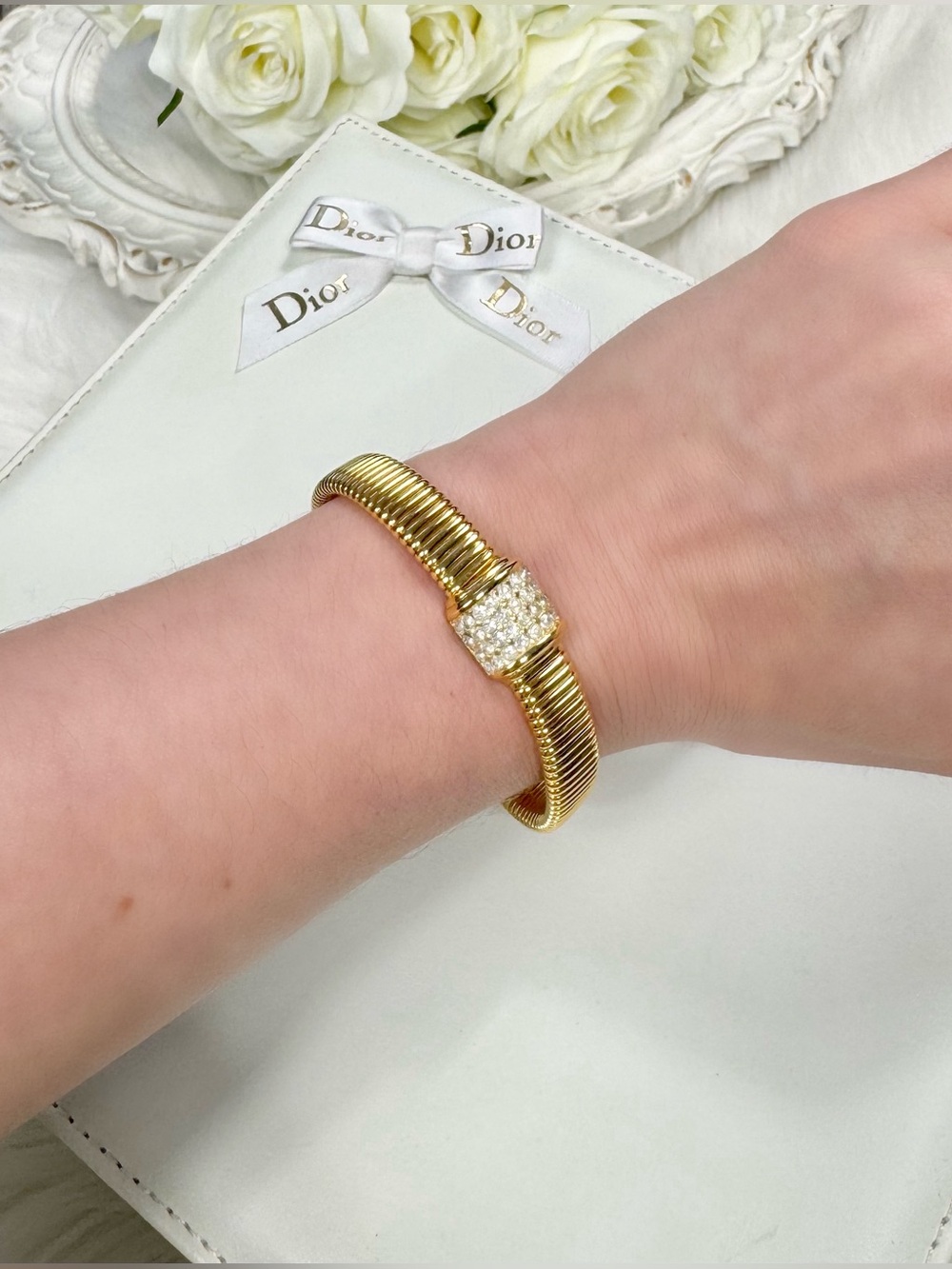 Vintage 90s Christian Dior Gold Tone Rhinestone Stretch Ribbed Bracelet - Picture 3 of 5